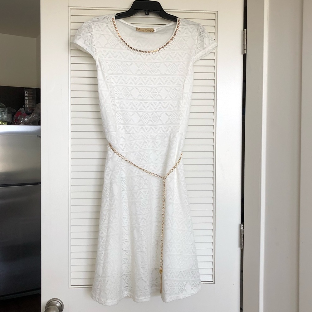 Jessica Taylor White Dress With A Gold Chain Belt